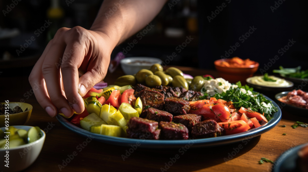 person assembling a plate of traditional arabic meze generative ai