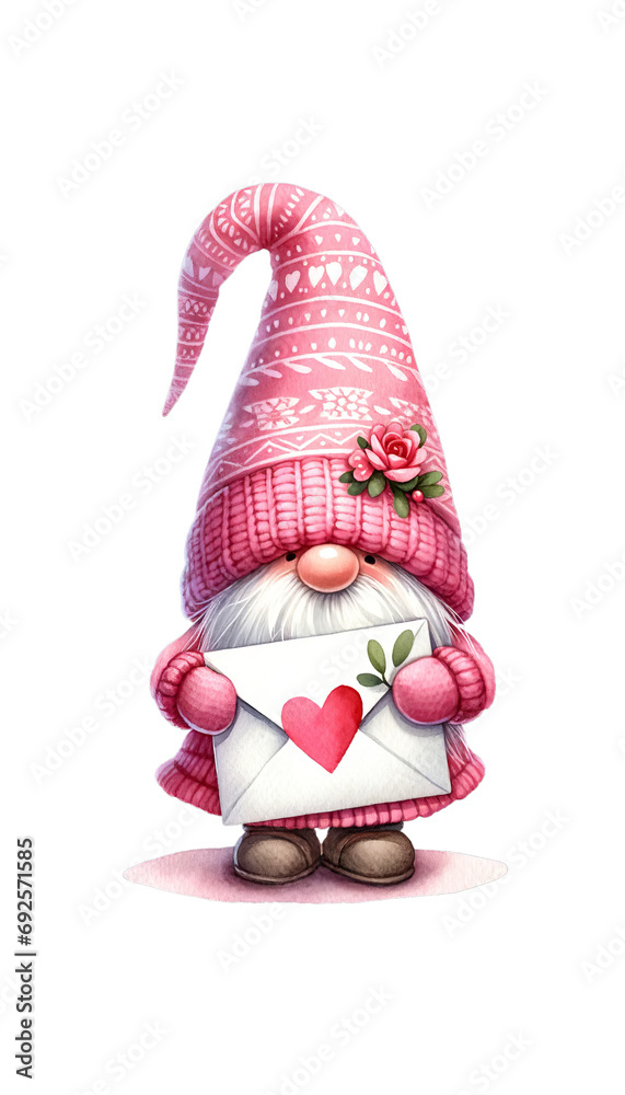 Cute Gnome Holding a Valentine's Love Letter With Heart, Whimsical Watercolor Illustration, Perfect for Romantic Gifts and Seasonal Decor