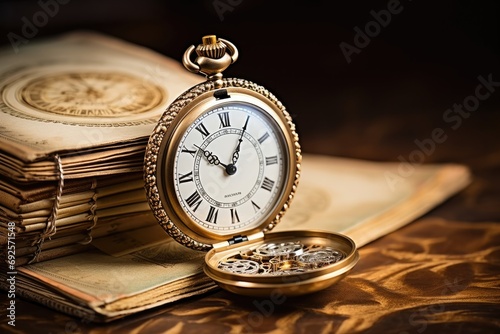 Antique gold pocket watch on a stack of vintage letters, nostalgic timekeeping