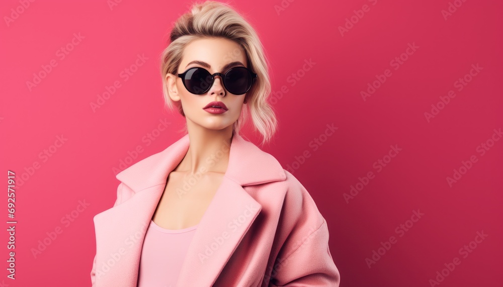 A Fashionable Blonde Poses in Stylish Attire Chic in Pink A Fashionable Blonde Poses in Stylish Attire Chic in Pink