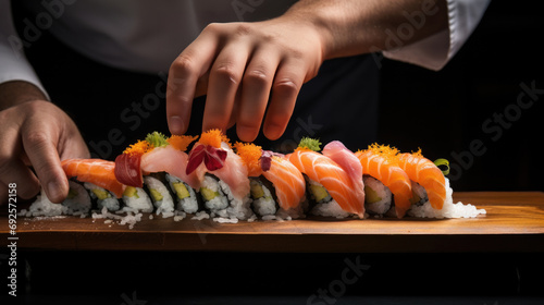 hands of a sushi chef creating a visually stunning sushi presentation generative ai
