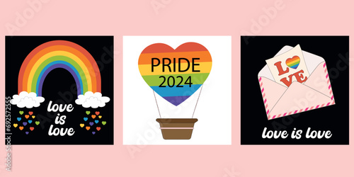 Set of Banners Template with LGBTQ symbols. Social media post, stories, poster template with LGBT rainbow flag. Collection of Cards for pride month celebration. Gay parade.