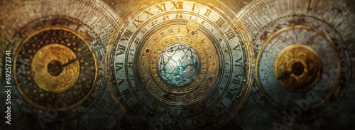 Ancient calendar with constellations and astronomical instruments against the background of stars. Symbol of science, astrology, mystery, education, mysticism, numerology, occultism.