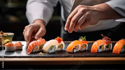hands of a sushi chef creating a visually stunning sushi presentation generative ai
