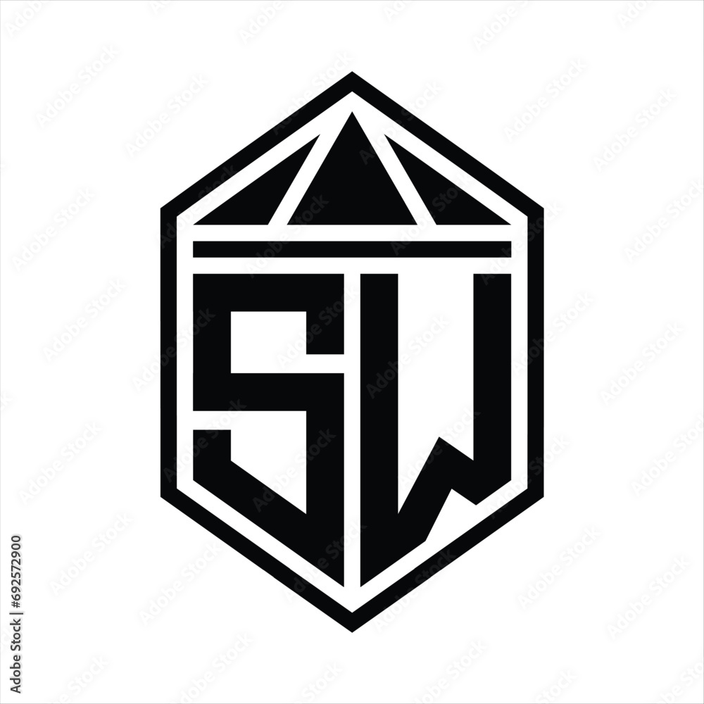 SW Letter Logo monogram simple hexagon shield shape with triangle crown isolated style design