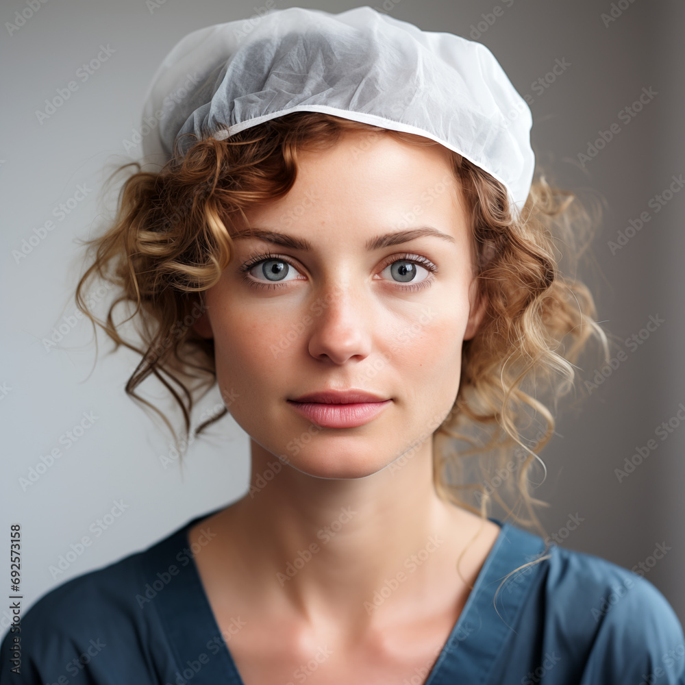 Portrait of a young woman wearing cap and blue dress closeup Portrait of a young woman wearing cap and blue dress closeup