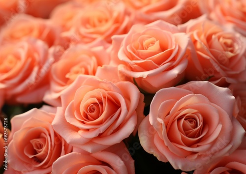 Close up bouquet of pink orange roses  flowers on peach fuzz color. 2024 year colors Peach Fuzz as background with copy space.