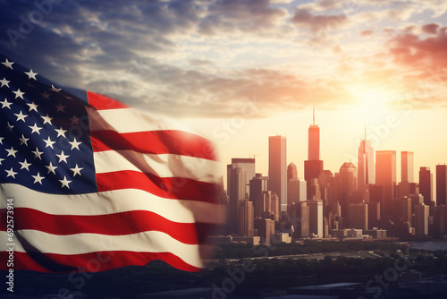 American flag waves in urban city USA. Skyscraper silhouette at sunset.