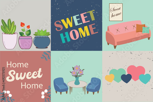 Sweet home. Set of stylish Scandinavian apartment design elements. Cozy furnished living room, flat vector cartoon illustration