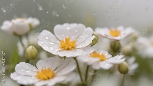white flowers in the garden with rain drops