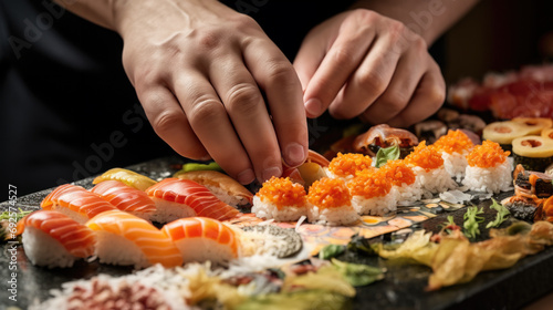 hands of a sushi chef creating intricate sushi art generative ai