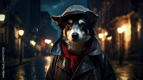 Smart dog in a raincoat and cap in old city at night. Animal in clothers © bit24