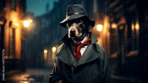 Smart weimaraner dog detective in a raincoat and cap in old city 1860 at night. Animal in clothers photo