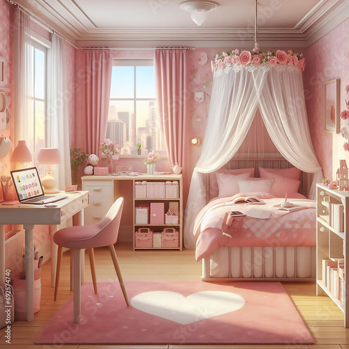 Pink bedroom and wardrobe 3D image