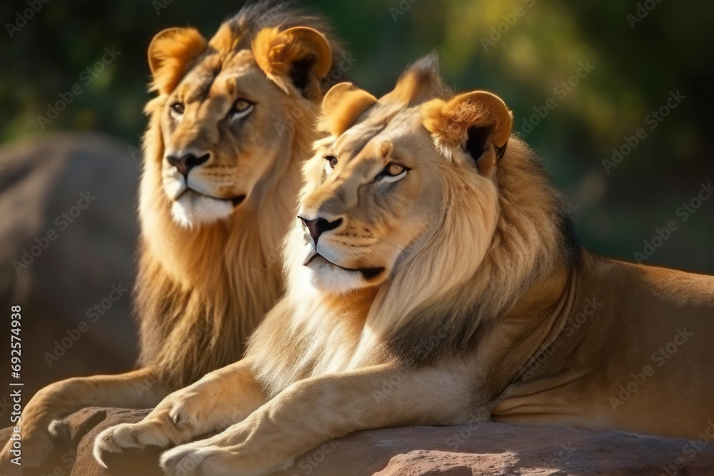 African lion king and lioness. Wild fauna hunter animals sitting in savannah. Generate ai