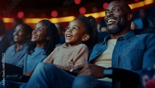 African American family in movie theater. A happy multi-ethnic family is in the movie theater watching a movie on and enjoying drinks and popcorn and having fun. Love,happy and Laughing photo