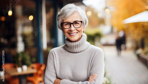 old age senior mature retired female woman well dress cloth looking at camera portrait shot profile positive smiling successful carefree attitude face expression street outdoor location background