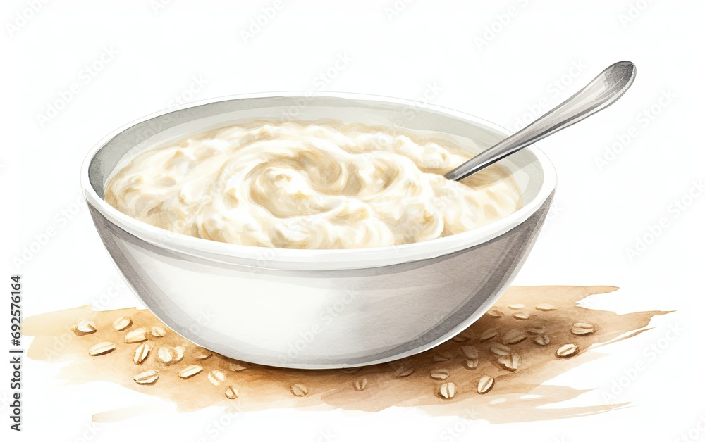 Oatmeal porridge with spoon watercolor painting on isolated white background - obrazy, fototapety, plakaty 