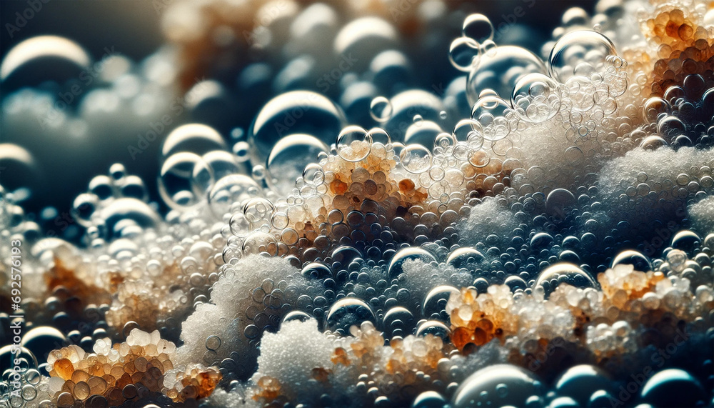 Macro photograph focusing on the details in sand grains and the bubbles in sea foam