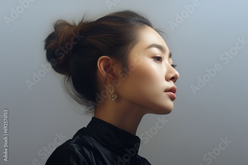 portrait profile view headshot of beautiful asian woman stylish makeup studio lighting setup healthy skincare and cosmetic beauty concept photo