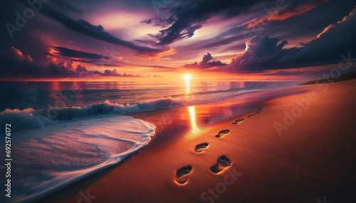 A serene beach scene at sunset with footprints in the sand leading towards the gently lapping sea foam