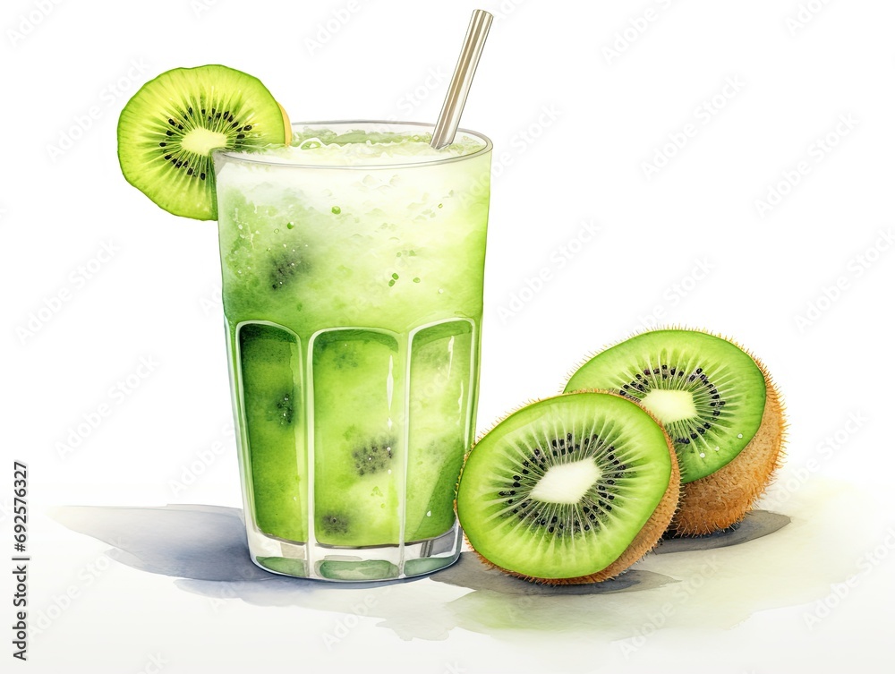 Glass of a kiwi smoothie with kiwi fruits watercolor painting on isolated white background Glass of a kiwi smoothie with kiwi fruits watercolor painting on isolated white background