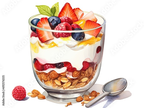 Glass of granola in yogurt with a mix of berries watercolor painting on isolated white background photo