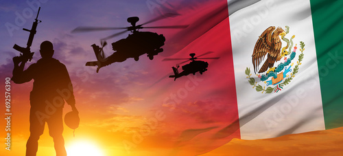Solider Saluting Against the flag of Mexico. Concept of national holidays. 3d illustration