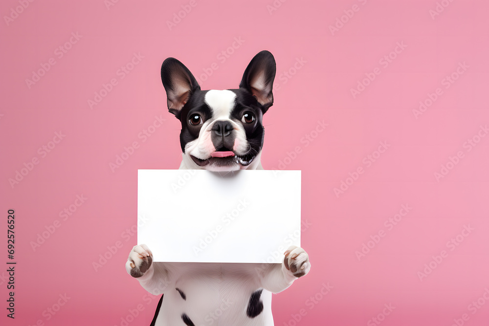 French Bulldog dog holding empty white sign in front of pink studio background - obrazy, fototapety, plakaty 