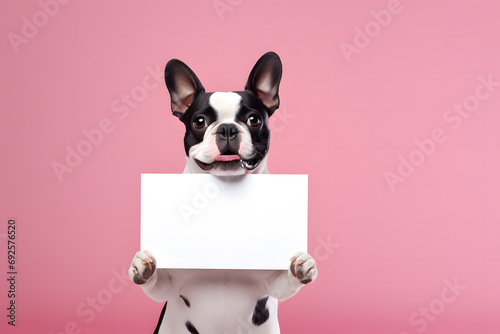 French Bulldog dog holding empty white sign in front of pink studio background