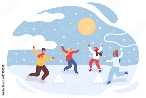 Children play snowballs. Active winter entertainment. Children play with snowballs on the street.