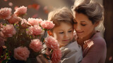 Amor de madre entre flores, madre e hijo en tonos rosados