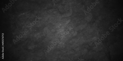 Dark black grunge textured concrete old blackboard and chalkboard rough background. Panorama dark grey black slate background or texture. Vector black concrete texture. Stone wall background.