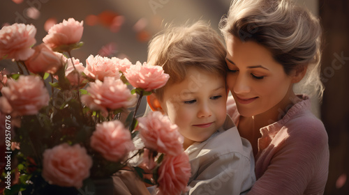 Amor de madre entre flores, madre e hijo en tonos rosados