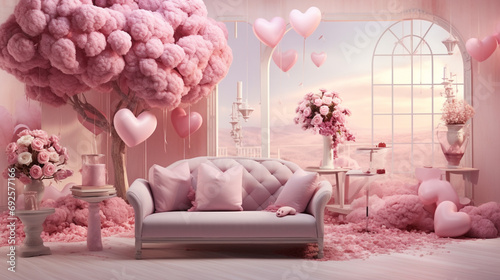 A visually pleasing Valentine's Day scene filled with love-inspired elements and a captivating pink color scheme, creating an enchanting atmosphere.