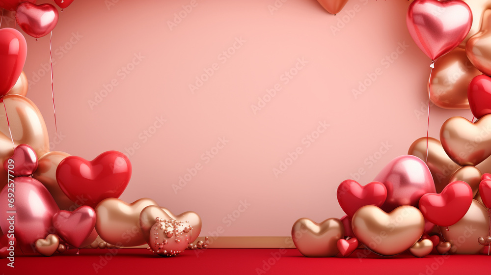 Artistic composition showcasing the beauty of a text frame surrounded by red and gold hearts foil balloons, creating an elegant and celebratory atmosphere on a pink Valentine's Day background. Artistic composition showcasing the beauty of a text frame surrounded by red and gold hearts foil balloons, creating an elegant and celebratory atmosphere on a pink Valentine's Day background.