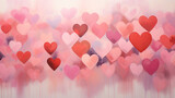 Artistic display featuring an abstract background adorned with a variety of red and pink hearts on a blush pink canvas, exuding a playful and romantic vibe.