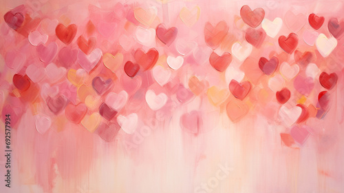 Artistic display featuring an abstract background with an arrangement of red and pink hearts on a blush pink canvas, exuding a playful and romantic vibe.