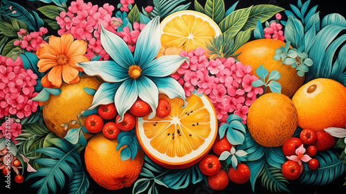 A vibrant summer background pattern with a variety of colorful tropical fruits and flowers. Generative ai.