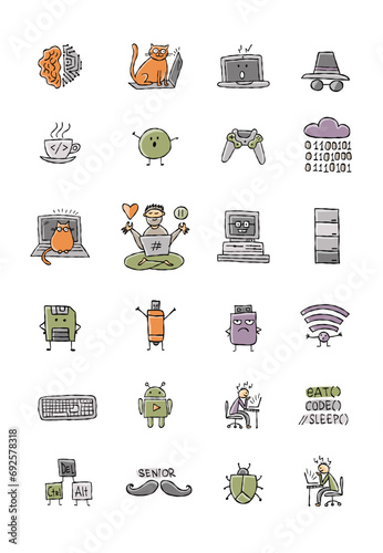 IT concept art, icons set for your design. Programming coding, software development for web and mobile app. Code, programmer, developer, information technology, coder, retro computer and gadgets
