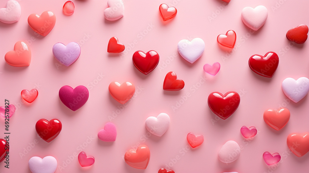 Detailed photograph showcasing the vibrant charm of an abstract background featuring red and pink hearts on a soothing pink surface.