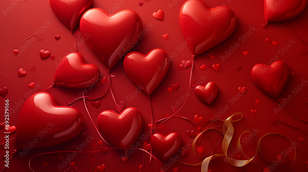 Detailed shot capturing the exquisite details of a Valentine's Day blank greeting card, with foil balloons forming a heart shape on a red background, creating a sophisticated and romantic scene.