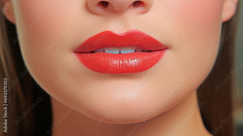 Fototapeta premium Сlose-up of beautiful lips. Skin and plump lips with natural red makeup. Part of the face. Makeup concept.