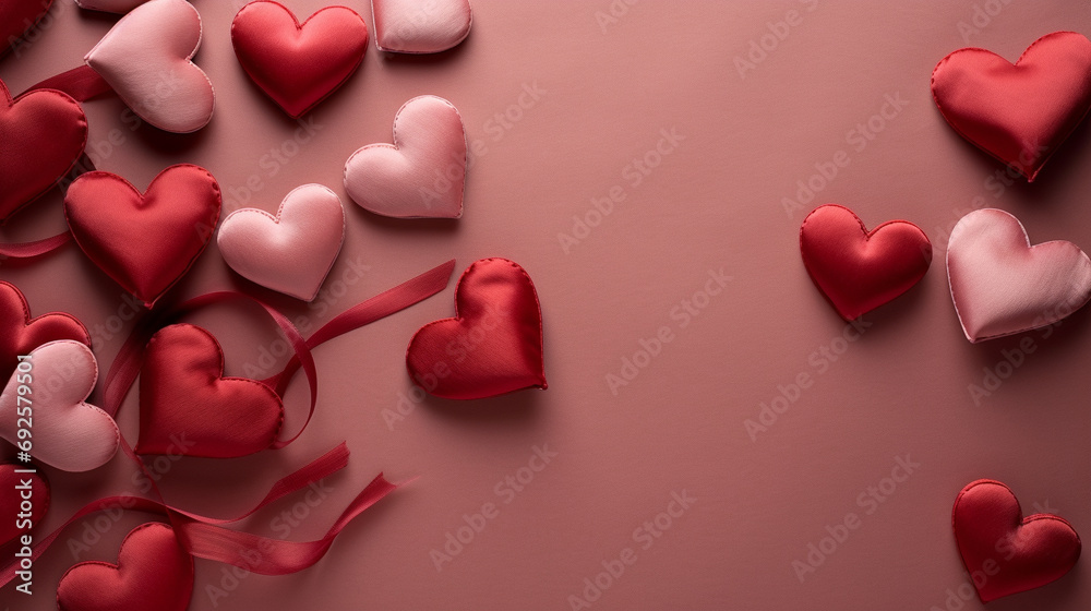 Detailed shot highlighting the elegance of red silk hearts arranged on a pink concrete background, capturing the beauty of this romantic and visually appealing composition in high definition.