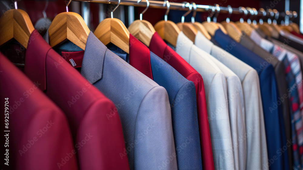 Suits for Sale, Men's suits on hangers in a store.