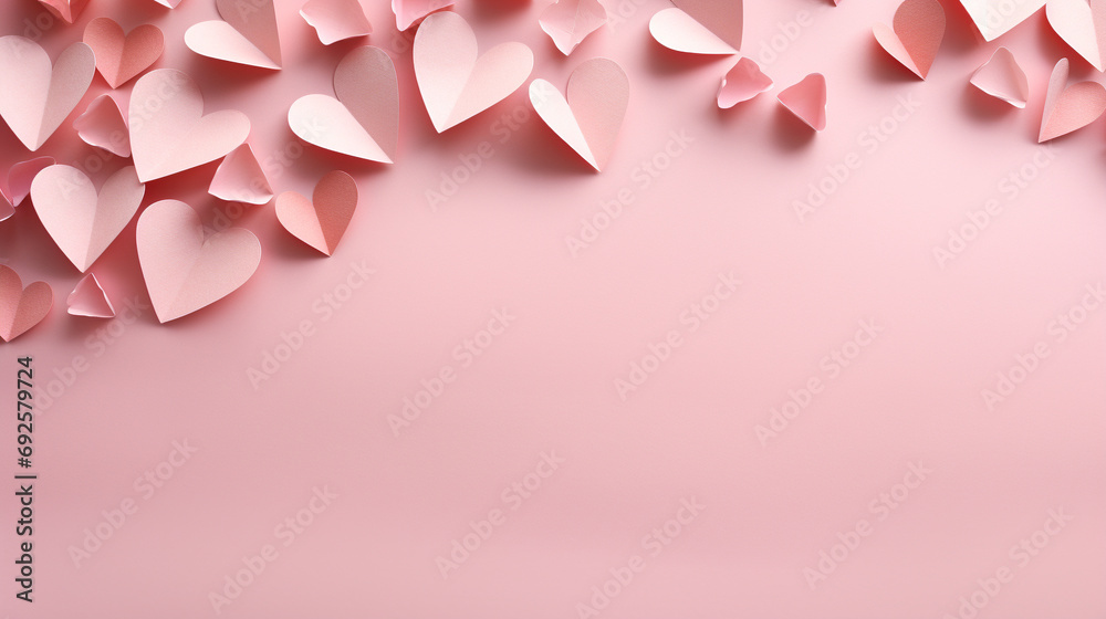 Elegant paper hearts soaring gracefully on a blush pink background, symbolizing love and tenderness in a visually pleasing composition. Elegant paper hearts soaring gracefully on a blush pink background, symbolizing love and tenderness in a visually pleasing composition.