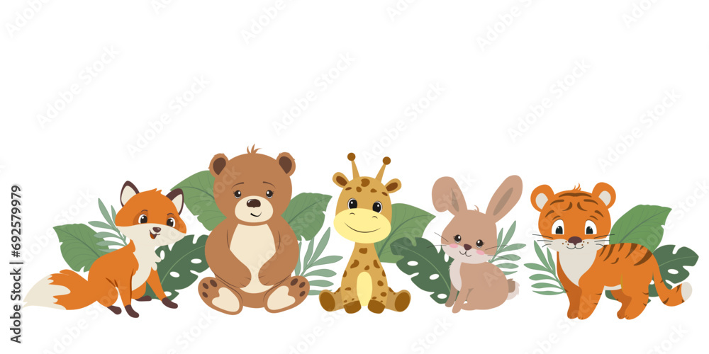 Obraz premium Wild animals among tropical plants. Horizontal banner with cute African animals. Vector illustration. Bear, tiger, giraffe, fox and hare, in flat cartoon style. Jungle.