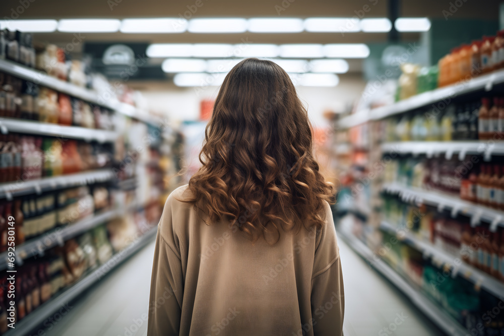 Back view of young woman between aisles with beverages in grocery store Back view of young woman between aisles with beverages in grocery store
