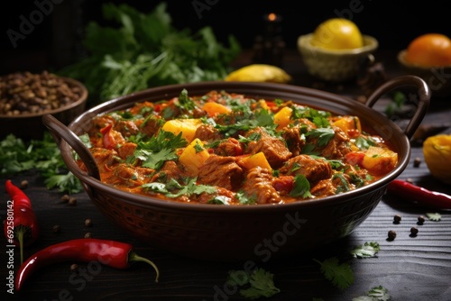 Aromatic and flavorful bowl of curry with vibrant spices, tender meat, and aromatic herbs, a tempting and exotic culinary experience