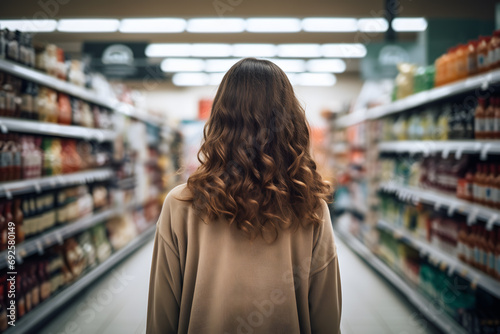 Back view of young woman between aisles with beverages in grocery store